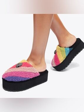 NWT Kurt Geiger London Kensington Faux Shearling Platform Slippers Rainbow